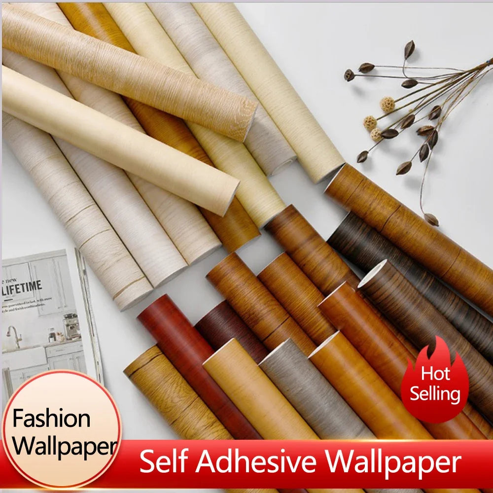 WOOD VINYL SELF-ADHESIVE WALLPAPER - Waterproof PVC, 30–60cm Wide - Furniture & Wall Decor