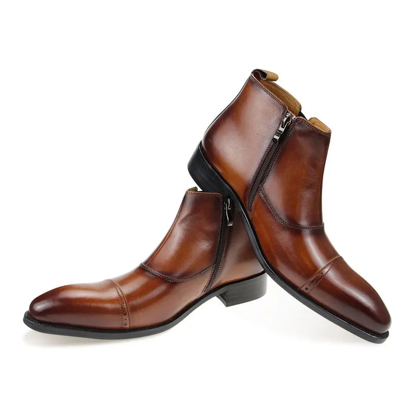 ZIPPER LUXE - Men's Handmade Genuine Leather Chelsea Boots - Business Zipper Pointed Toe