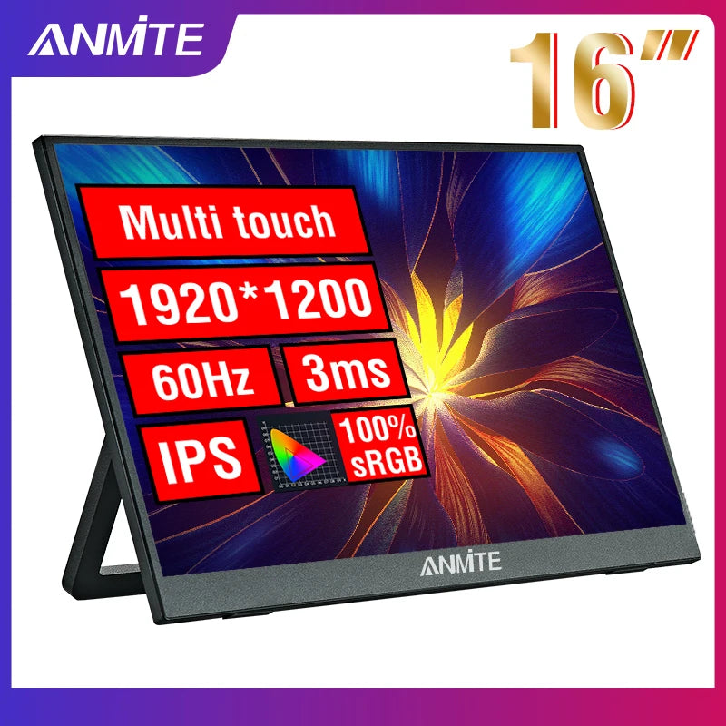 Anmite 16-Inch Portable Touch Monitor Non-touch optional 1200P HDR 16:10 For XBox PS4 / 5 Switch Cell Phone PC Laptop Extension