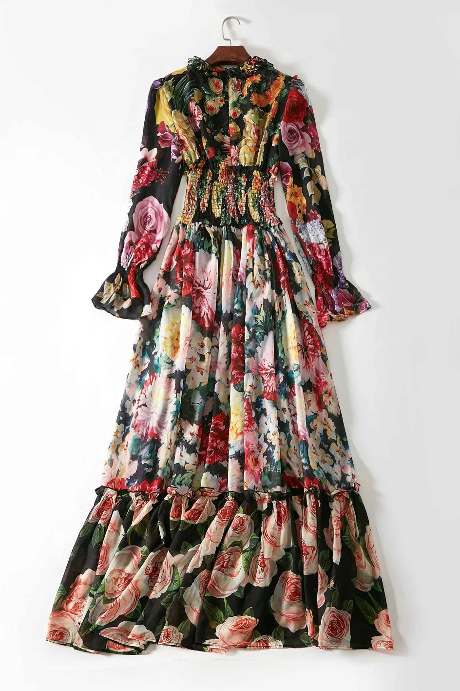 Ladies Elegant Floral Print Long Sleeve Dress Summer Beach Chiffon Ruffled Collar Dress Elegant Elasticity Waist A-Line Sundress