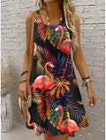 Women's Off Shoulder Sleeveless Crew Neck A-Line Dress,Bird Print,Magenta Pink Purple Orange, Casual Summer Beach Vacation Dress