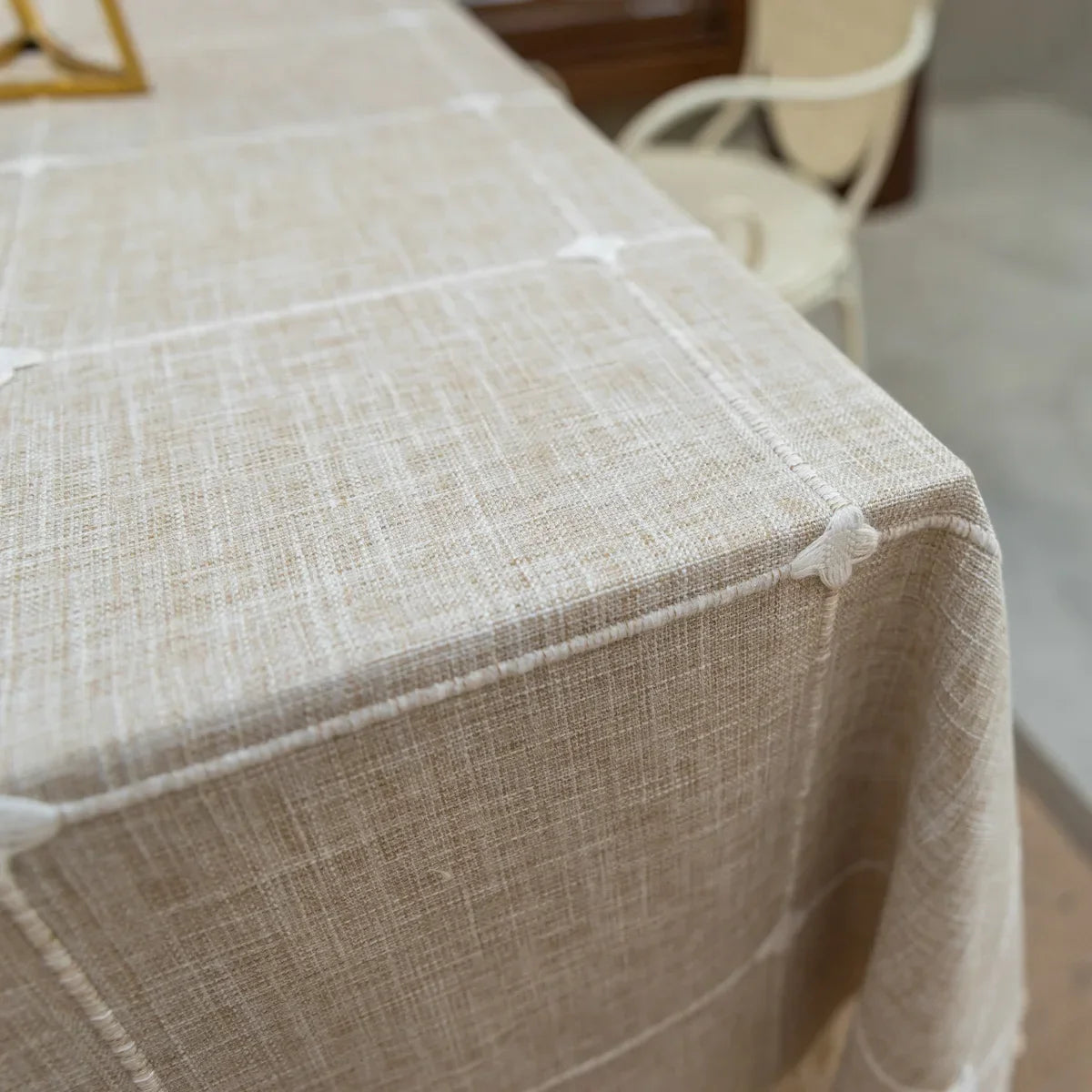 EMBROIDERED LINEN TASSEL TABLECLOTH - Handmade Cotton Linen Cover - Soft & Elegant