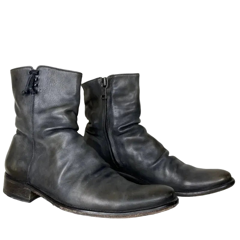 WRINKLE NOIR - Men's Vintage Black Leather Ankle Boots - Side Zipper, Round Toe, Low Heel
