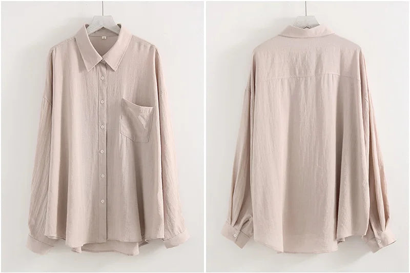 Streamgirl Summer White Linen Shirts For Women Oversized Long Sleeve Tops Lady Loose Basic Linen Tops Women Blue Shirts Oversize