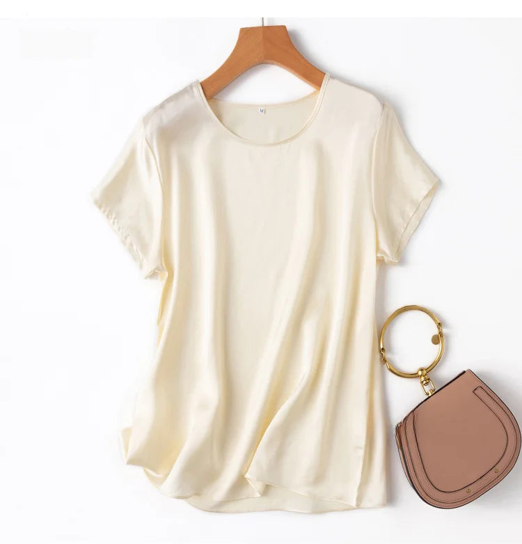 100% Mulberry Silk 19 Momme Charmeuse Silk Women Tank Top T-shirt Short Sleeve Shirt Blouse Solid Colors Summer M L XL AA4270