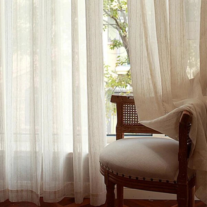 STRIPED SHEER CURTAINS - Soft Linen-Look Gauze Panel - Light & Airy