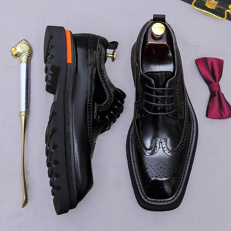 Men's Cowhide Brogue Oxford Chunky Lug Sole - Lace-Up Dress Shoes EU 37-46