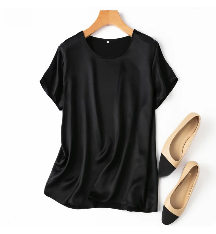 100% Mulberry Silk 19 Momme Charmeuse Silk Women Tank Top T-shirt Short Sleeve Shirt Blouse Solid Colors Summer M L XL AA4270