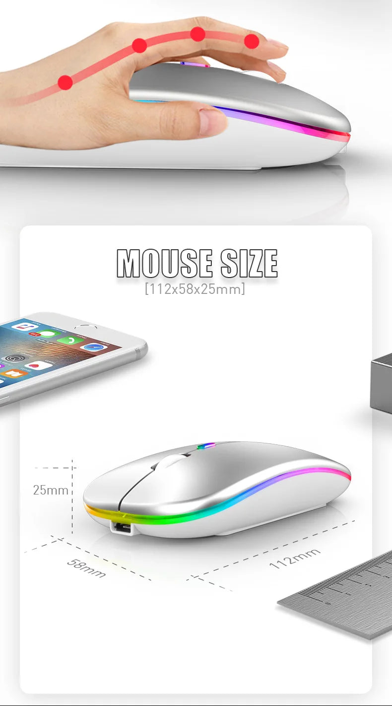 Rechargeable Bluetooth Wireless Mouse with 2.4GHz USB RGB 1600DPI Mouse for Computer Laptop Tablet PC MacBook Gaming Mouse Gamer