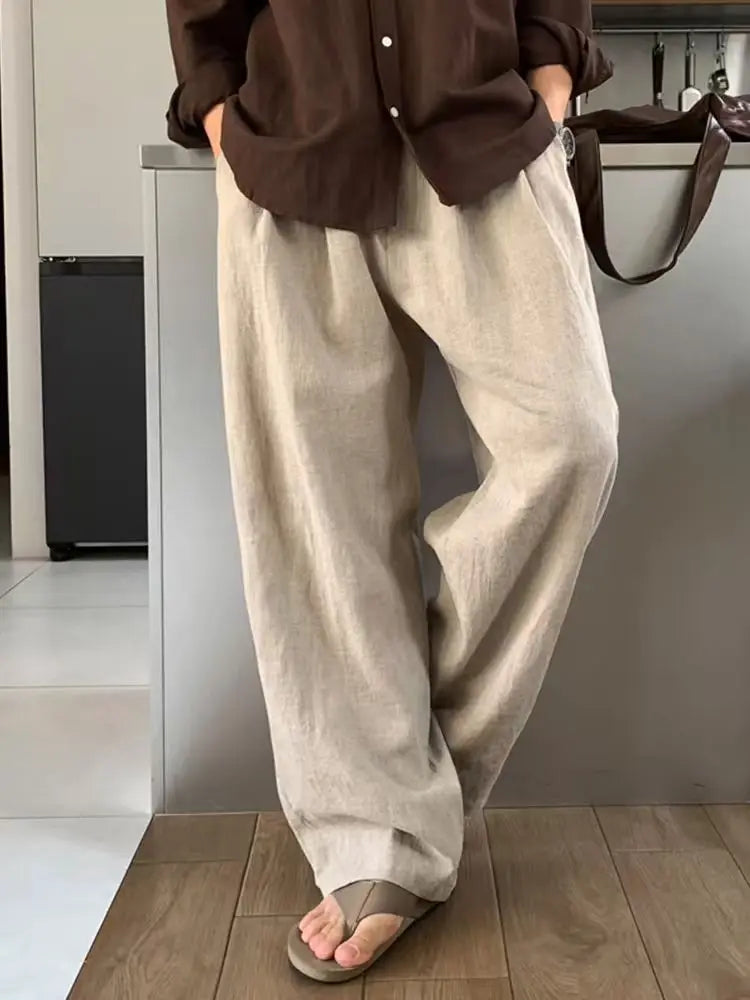 COTTON LINEN STRAIGHT LEG PANTS - Elastic Waist, 11 Colors - Relaxed Ease