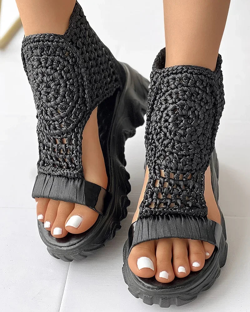 Hot Seller Gold Knitted Sandals for Women Braided Elastic Summer Shoe Mesh Flat Bottom Hollow Out Female Sandals Sandalias Mujer