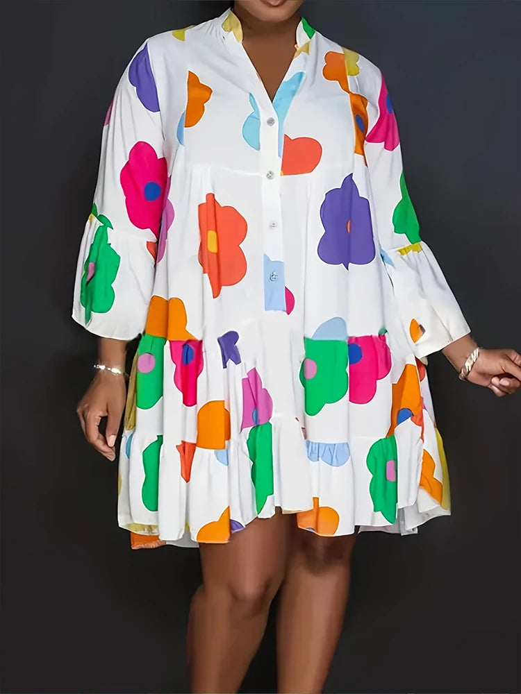 Floral Printed plus Size Women's Dress Autumn Casual Loose V-Neck Button Detail Streetwear Polyester Pleated Fashion 2025