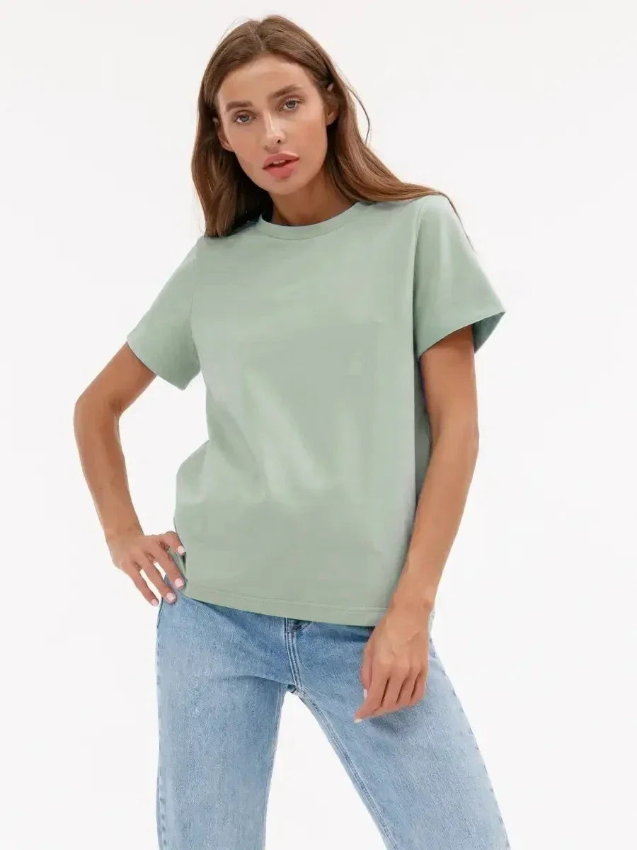 Bornladies Summer 100% Cotton Women's T-shirt Basic Fashionable Solid Lady Short Sleeve Loose Tops 230g/㎡