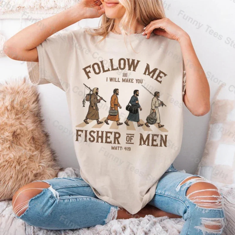 Fisher of Men Bible Verse T Shirt Retro Cartoon Funny Christian T-Shirts Religious Graphic Tees Men Women Cotton Faith Tops Gift