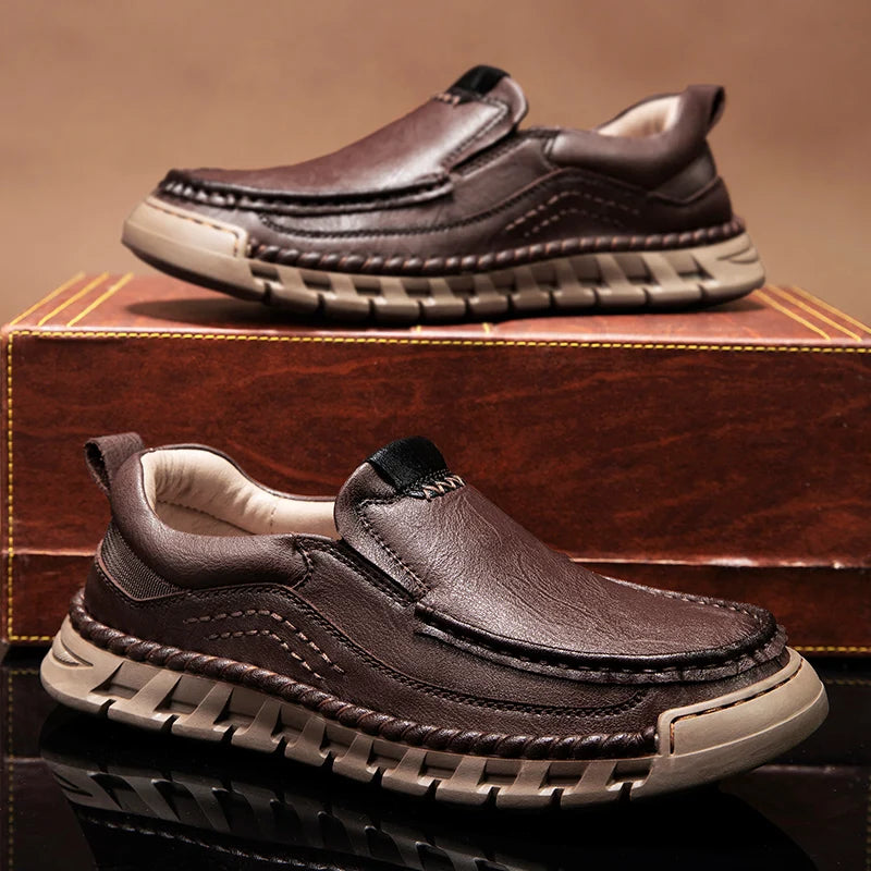 EASY GRAIN - Men's Handmade Split Leather Loafers - Flat Moccasins, Casual Comfort