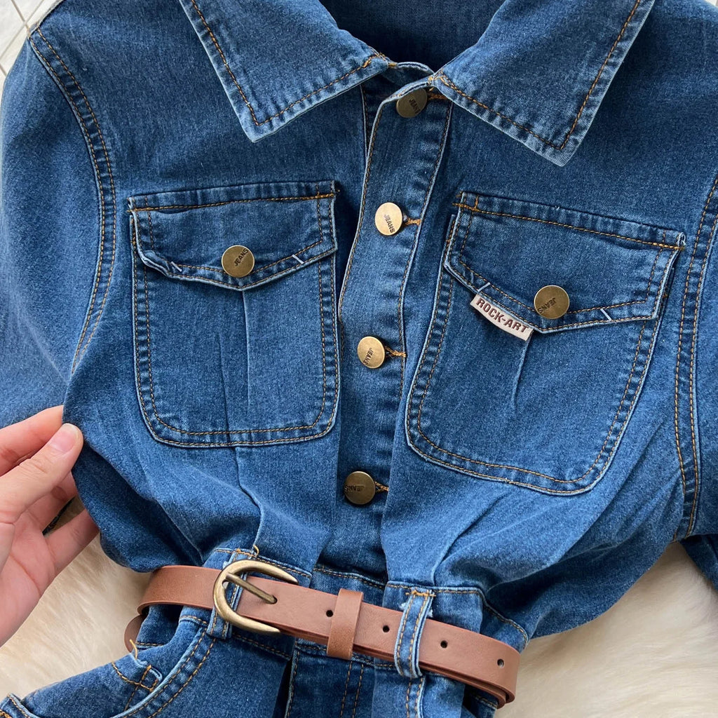 Design Sense Niche Denim Short-sleeved Dress Women. Korean Version Summer Leisure Temperament in The Long Slim-fit Shirt Dress