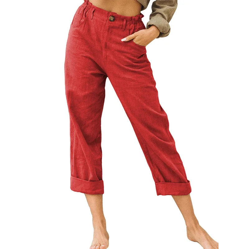 LINEN BLEND HAREM PANTS - Elastic Waist, Rolled Hem - All Day Ease