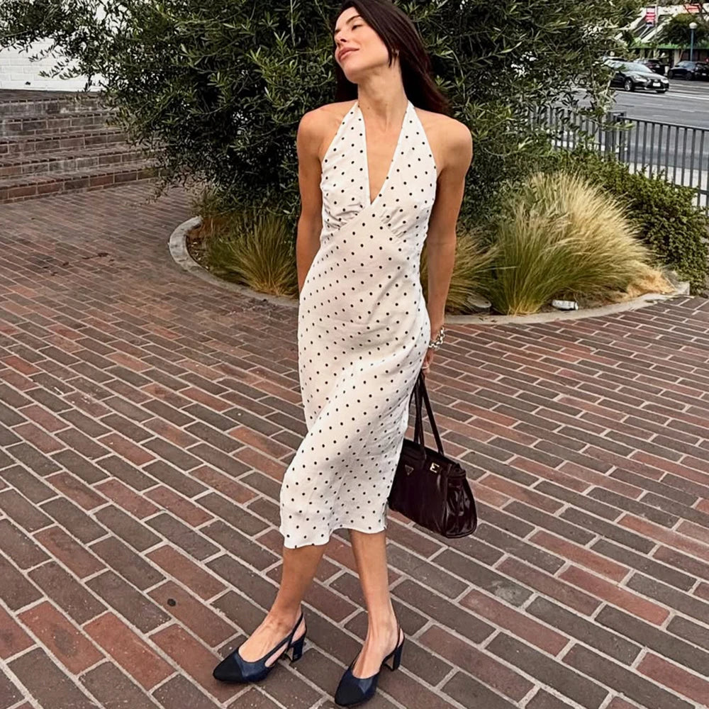 Tuularose Polka Dot Hanging Neck Long Dress Women Elegant Strapless Sexy Lace-up Sleeveless Backless Fashion Club Party Dresses