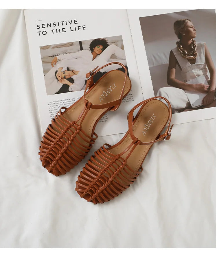 Band Flat Sandals Women Summer Round Toe Ankle Buckle Hollow Roman Sandal Plus Size Beach Shoe