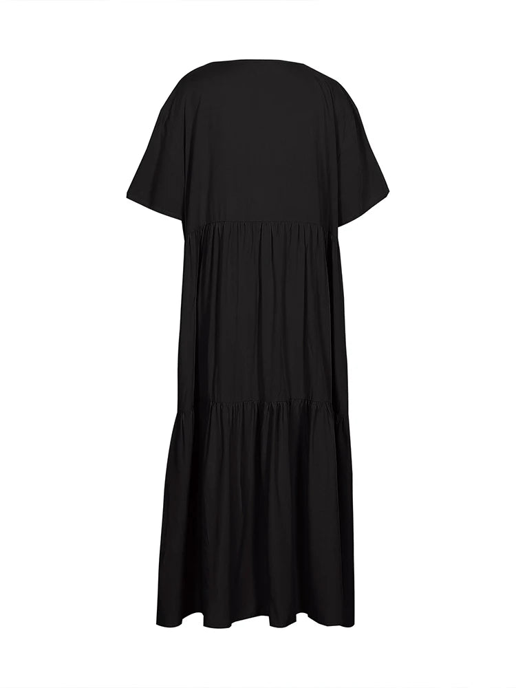 Plus Size 2025 Summer New V-neck Short Sleeve Pleated Solid Color Loose Casual Midi Dress Basic Hem Pleated