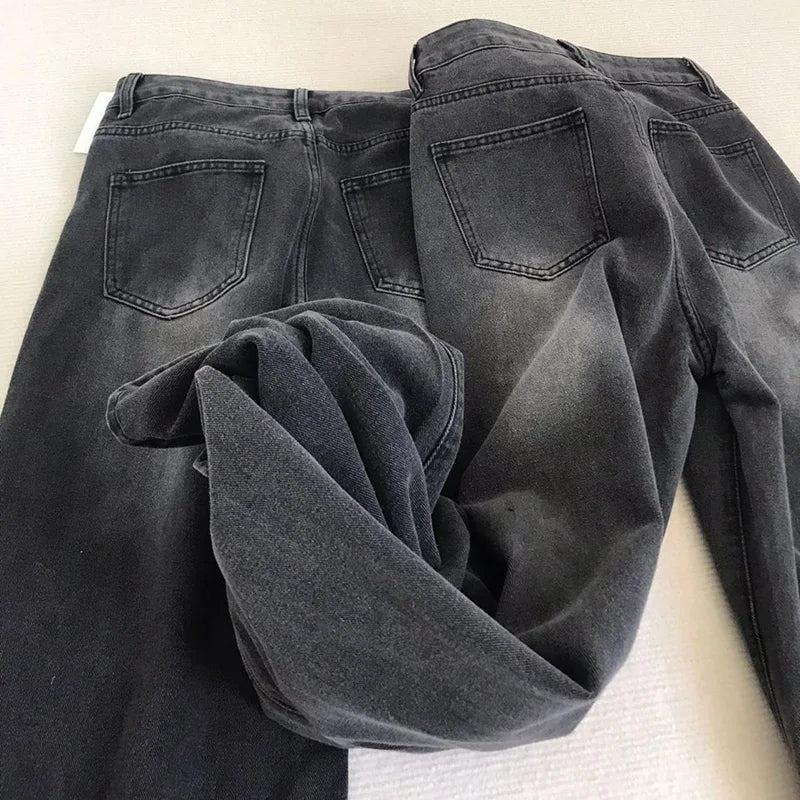 Retro High Waist Straight Leg Jeans - Washed Black Loose Fit