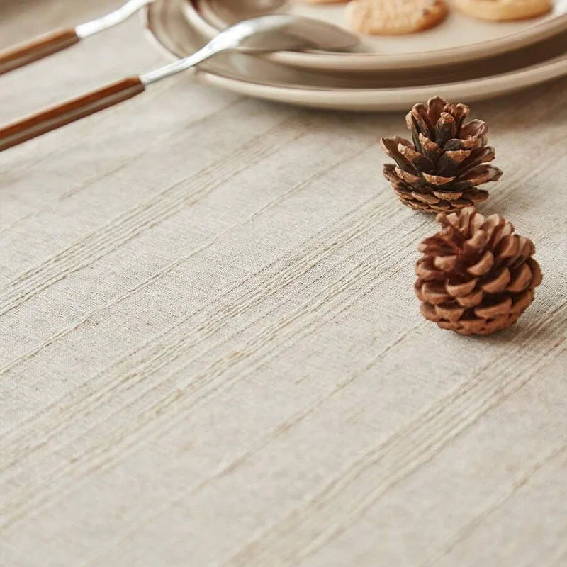 STRIPED LINEN TABLECLOTH WITH TASSELS - Thick Jacquard Weave, 12 Sizes - Laid-Back Tables, Real Texture