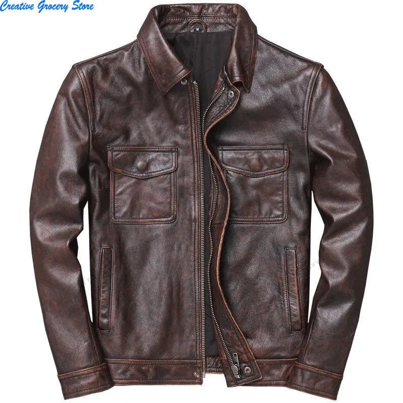 IRON HIDE - Men's Cowhide Leather Biker Jacket - Stand Collar, 4 Colors, M-XXXL