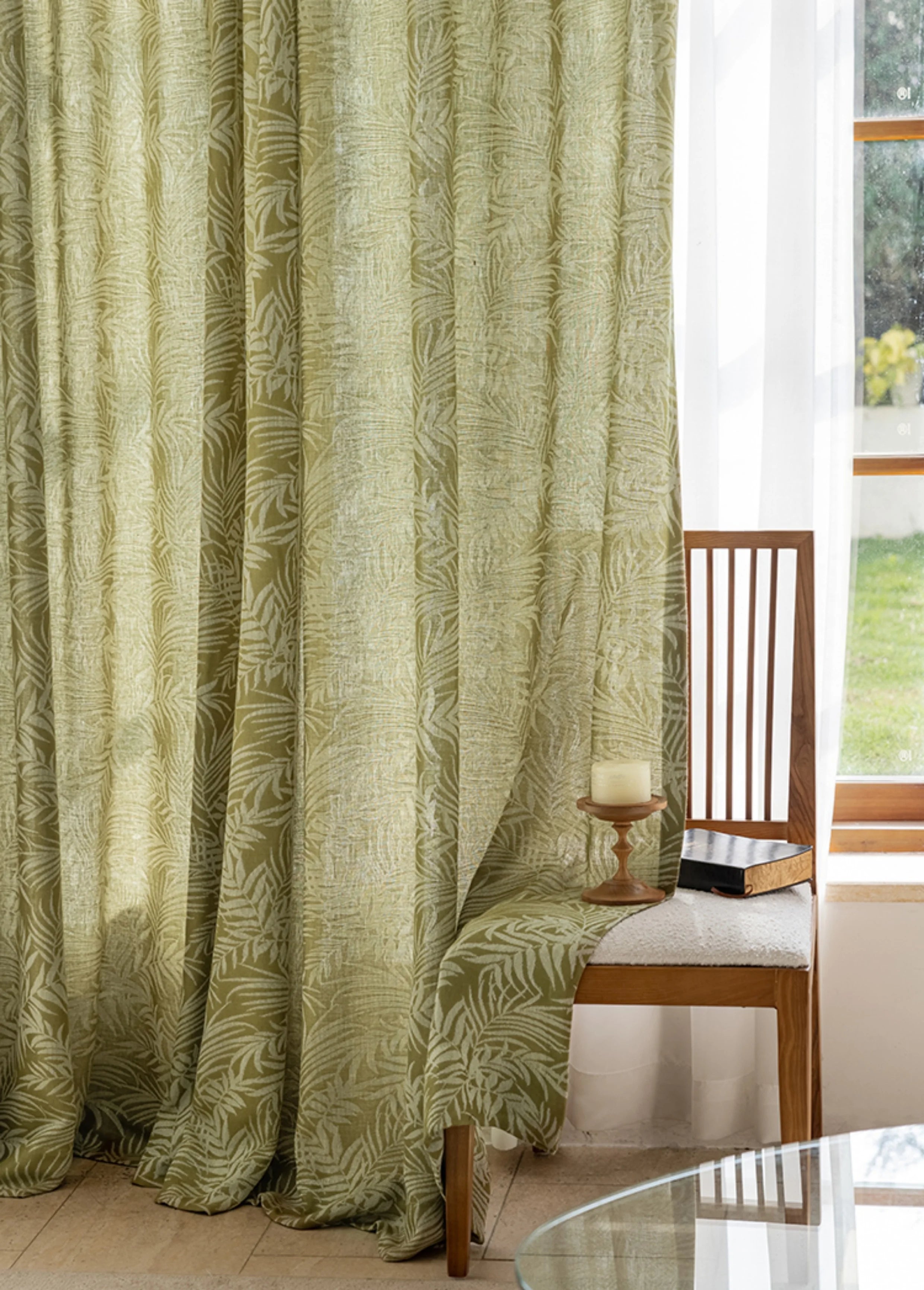 JACQUARD LINEN CURTAINS - Leaf Pattern, 210gsm, Custom Size - Textured Rooms
