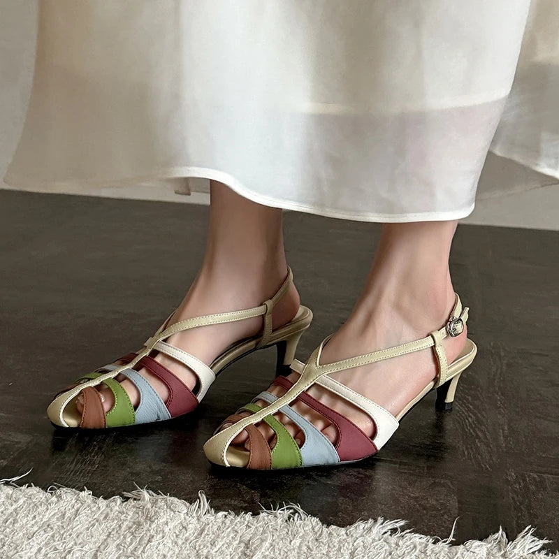 2026 New Genuine Leather Cowhide Women Sandals Buckle High Heels Mixed Color  Sandals Summer Fashion Party Womens Shoes