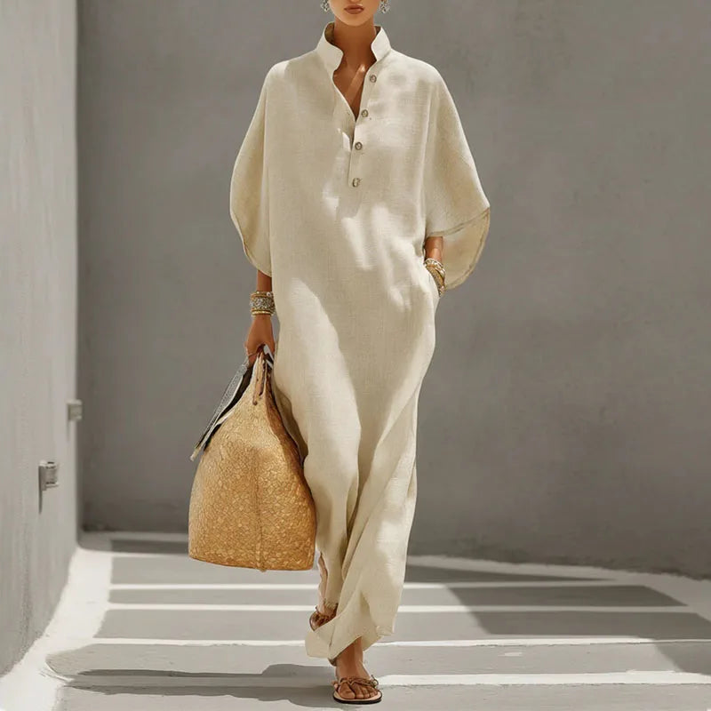 Summer Holiday Bohemian Long Dress Women's Sexy Stand Collar Button Elegant Party Dresses Spring Batwing Sleeve Loose Maxi Dress