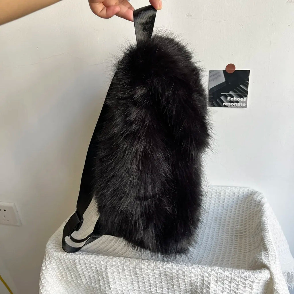 Black Plush Backpack Y2K Gothic Cross Fluffy Fur Backpack