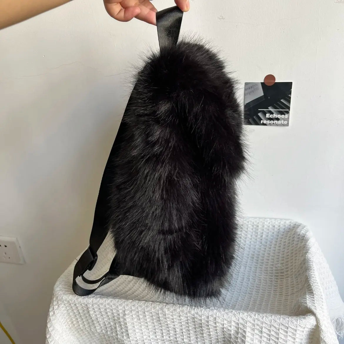 Black Plush Backpack Y2K Gothic Cross Fluffy Fur Backpack