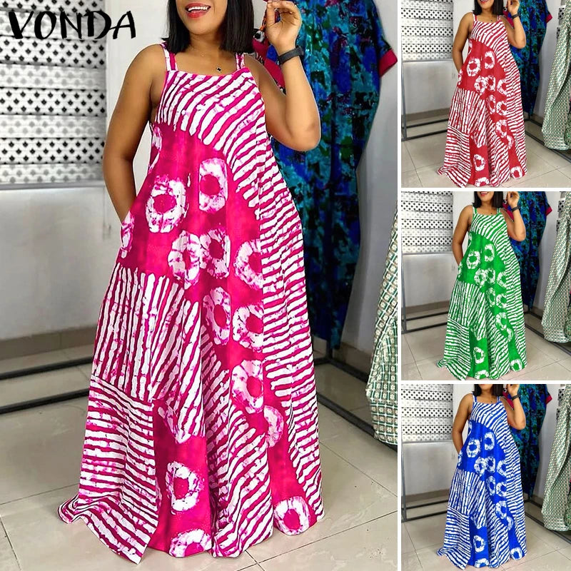 VONDA Plus Size 5XL Summer Bohemian Printed Maxi Dresses Sleeveless Party Beach Sundress Tank Long Vestido Casual Holiday Robe