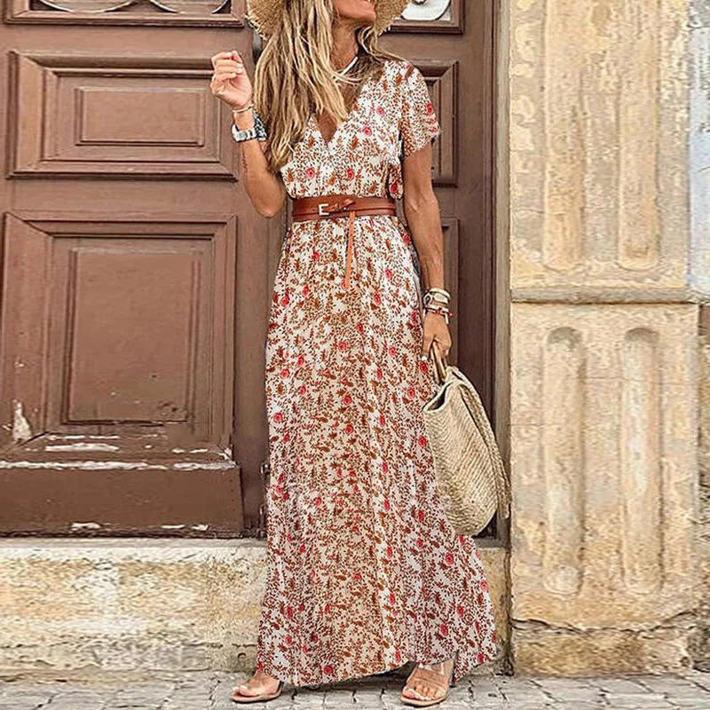 Elegant Floral Pleated H-shaped Midi Dress Female V-Neck Puff Sleeve Waist Ruched Button Dresses Women Summer Dress Robe