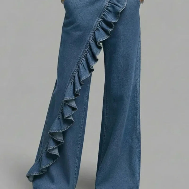 KIDCRKJ Spring American Style Loose Irregular Splicing High Waisted A-line Wide Leg Jeans For Women Spring 2026 New