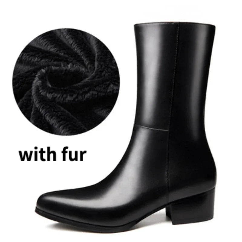 British Luxury Mid-Calf Dress Boots - Genuine Leather Pointed Toe Zip Handmade