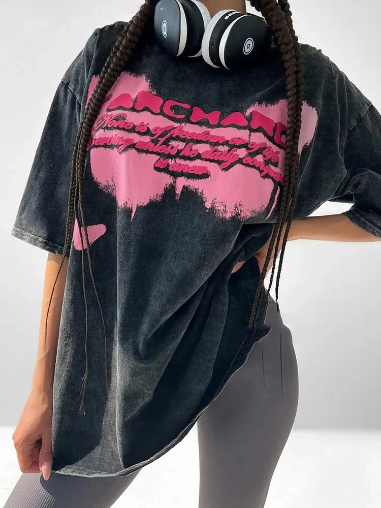 Women Leopard Letter Printed Washed T-shirt Cotton Oversized Womans Tops Fashion O-Neck Short Sleeve Tees Y2k Female Clothes