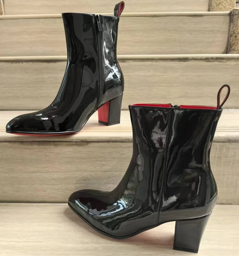 PATENT NOIR - Men's Luxury Patent Leather Chelsea Boots - Pointed Toe, Handmade, Mid-Calf
