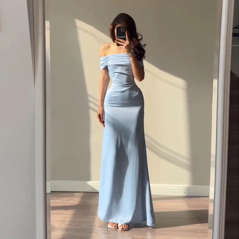 Retro Off-the-shoulder Panel Design Back Bandage Yellow Satin A-line Skirt Luxury Slim Folds Long Dress Party Prom Vestidos Robe