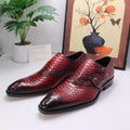 CROCODILE GRAIN DRESS SHOES - Men's Handmade Cow Leather Lace-Up Brogue Business Shoes Waterproof - Black & Red
