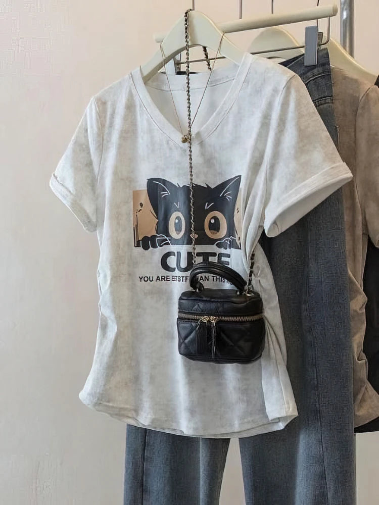 100% Cotton Washed Vintage Cat Print Short sleeve T shirt Women V neck Oversize Shirring Summer Top Lady Casual Tees
