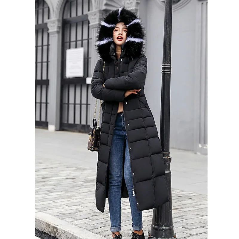 Long Fur Collar Parka – Over-Knee Hooded Padded Coat