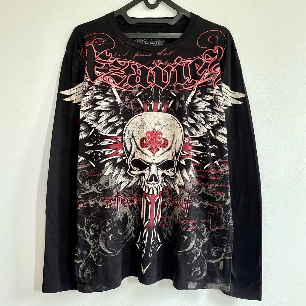 Affliction Skull Cross Long Sleeve Tee - Y2K Gothic Oversized