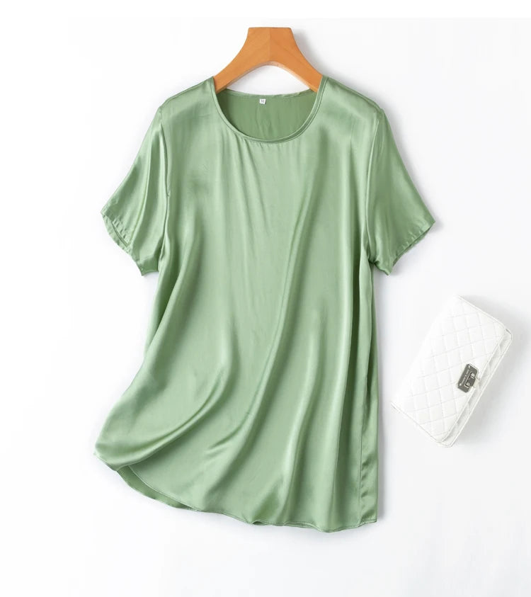 100% Mulberry Silk 19 Momme Charmeuse Silk Women Tank Top T-shirt Short Sleeve Shirt Blouse Solid Colors Summer M L XL AA4270