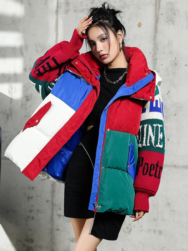 Letter Stitch Down Parka – Oversized Hooded Streetwear