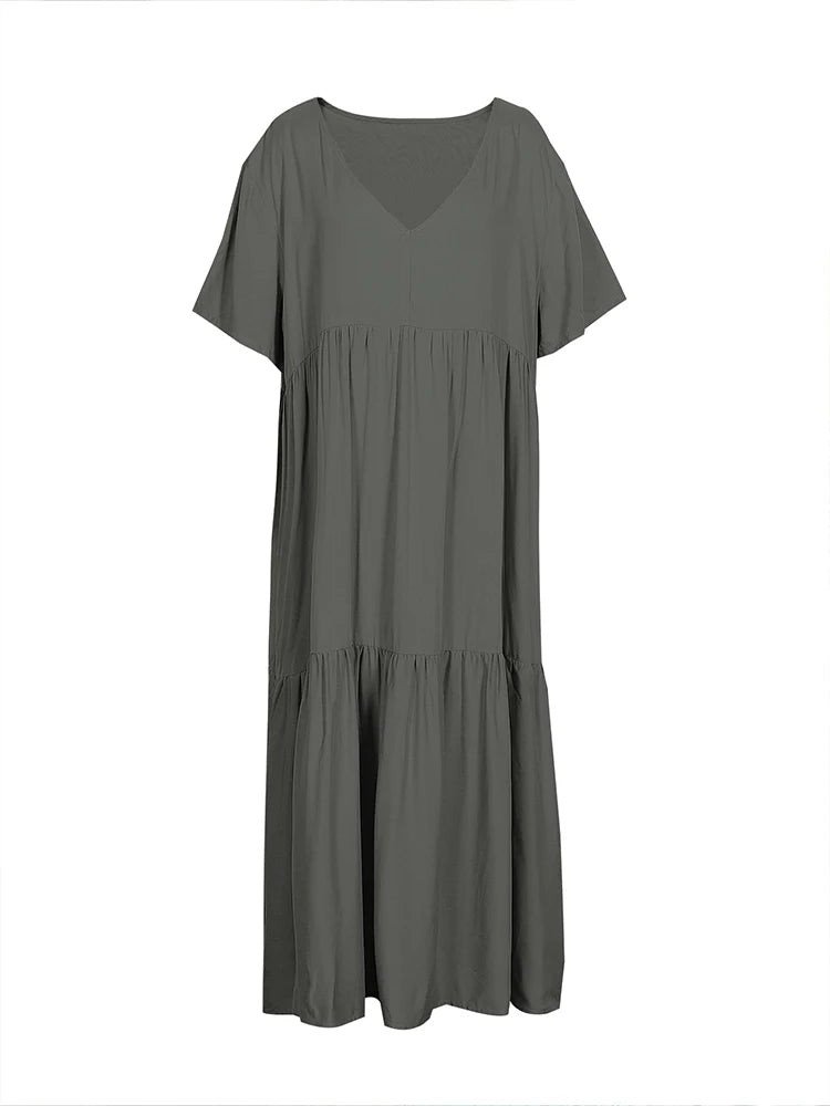 Plus Size 2025 Summer New V-neck Short Sleeve Pleated Solid Color Loose Casual Midi Dress Basic Hem Pleated