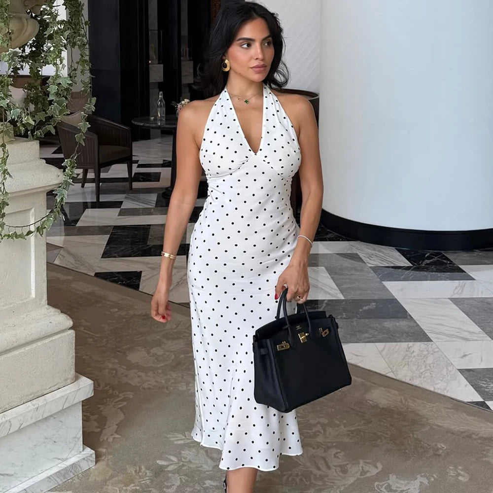 Tuularose Polka Dot Hanging Neck Long Dress Women Elegant Strapless Sexy Lace-up Sleeveless Backless Fashion Club Party Dresses