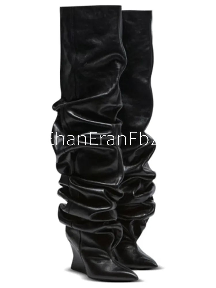 Pleated Slip-On Ankle Boots – Super High Wedge