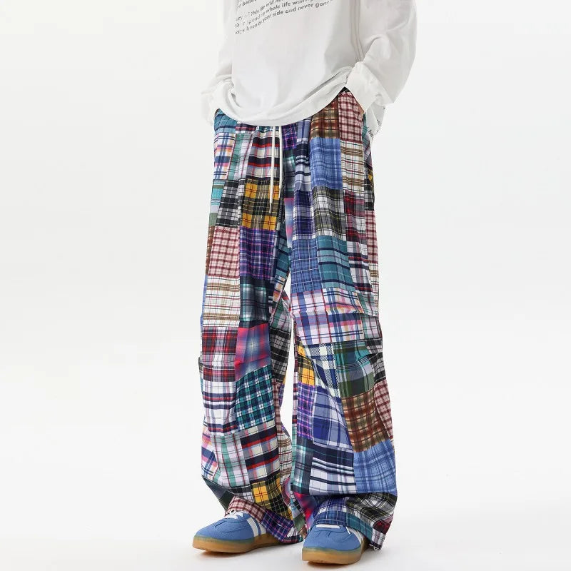 PATCHWORK HIP HOP PANTS - Men's Loose Wide Leg Streetwear Jeans Casual Drawstring Trousers - American Wasteland Style