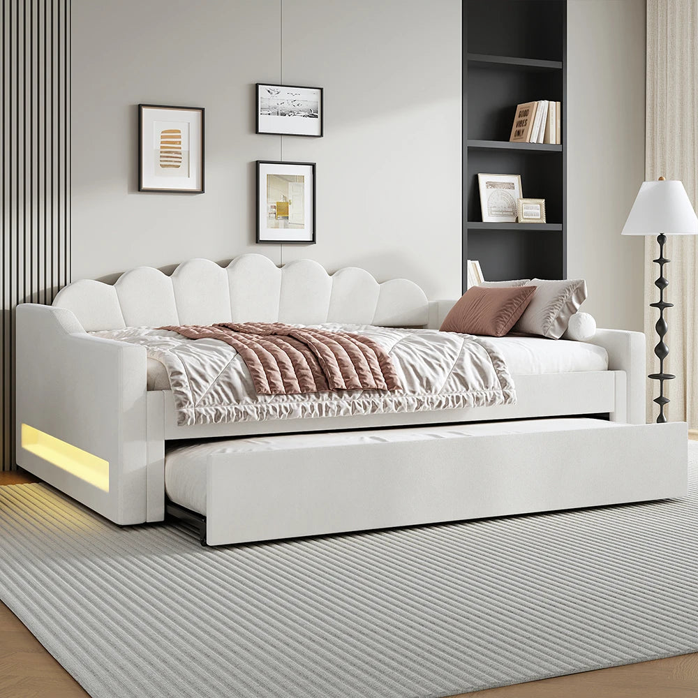 DAYBREAK - Linen Daybed with Pull-Out Bed - LED, 140x200cm, Ships from Germany